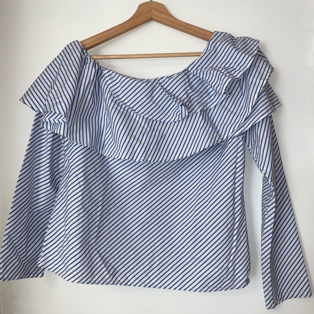GAP Blue and White Striped Asymmetrical Ruffle One Shoulder Blouse - Size S